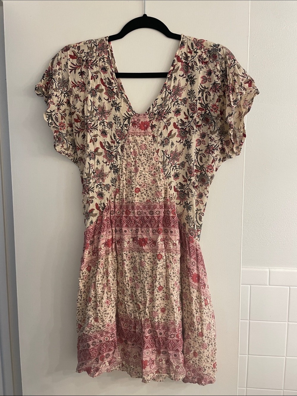 Floral V-Neck Boho Dress in Cream and Rose